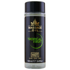 Schwarze zylindrische flasche mit tropisch-fruchtigem massageöl hot massageöl tropische früchte 100 ml mit glänzendem schwarzen deckel und goldener beschriftung