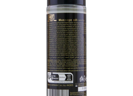 Klarer kunststoffflasche mit schwarzem deckel und etikett enthält heißes massageöl vanille 100 ml