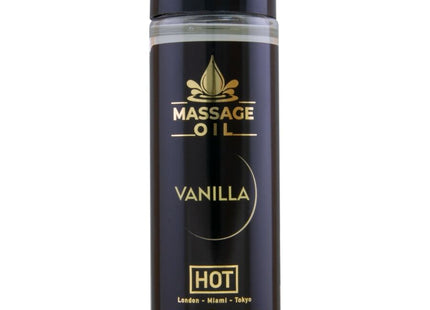 Schwarze flasche mit goldenen buchstaben und schwarzem deckel für heißes massageöl vanille 100 ml