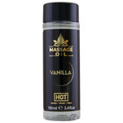 Schwarze flasche mit goldenen buchstaben und schwarzem deckel für heißes massageöl vanille 100 ml