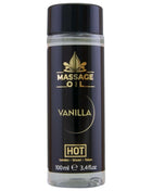 Schwarze flasche mit goldenen buchstaben und schwarzem deckel für heißes massageöl vanille 100 ml