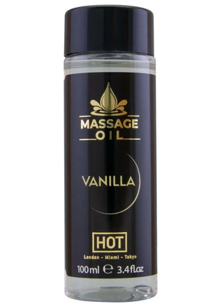 Schwarze flasche mit goldenen buchstaben und schwarzem deckel für heißes massageöl vanille 100 ml
