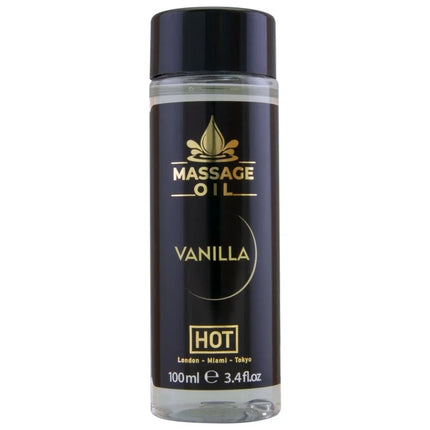 Schwarze flasche mit goldenen buchstaben und schwarzem deckel für heißes massageöl vanille 100 ml