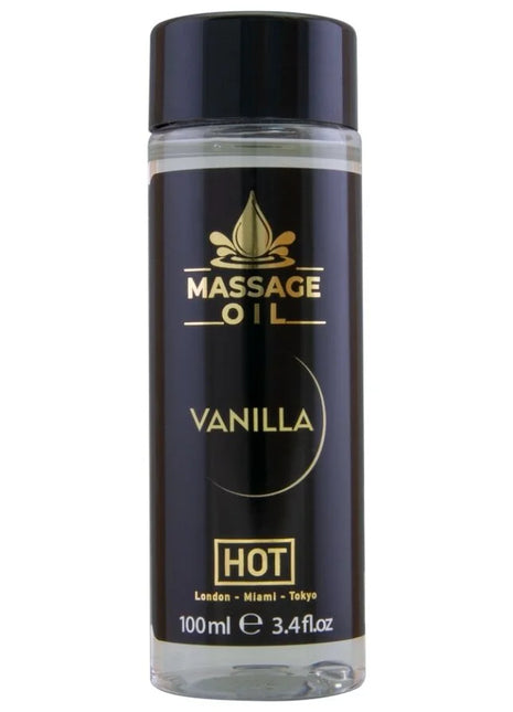 Schwarze flasche mit goldenen buchstaben und schwarzem deckel für heißes massageöl vanille 100 ml
