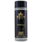 Schwarze flasche mit goldenen buchstaben und schwarzem deckel für heißes massageöl vanille 100 ml