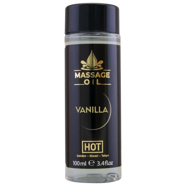 Schwarze flasche mit goldenen buchstaben und schwarzem deckel für heißes massageöl vanille 100 ml