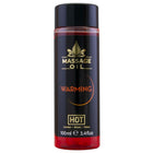 Schwarze zylindrische flasche hot massageöl wärmend 100 ml mit glänzendem schwarzen deckel und rotem boden