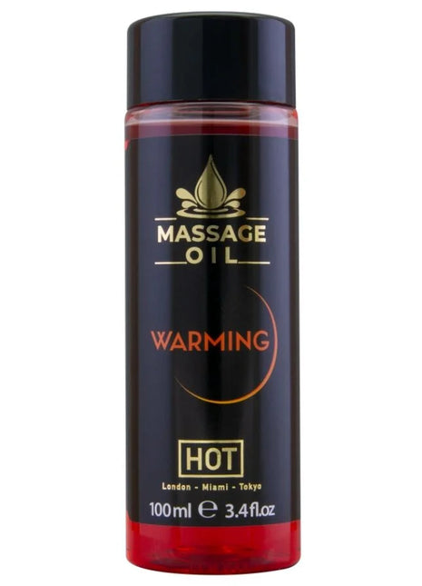 Schwarze zylindrische flasche hot massageöl wärmend 100 ml mit glänzendem schwarzen deckel und rotem boden
