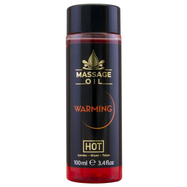 Schwarze zylindrische flasche hot massageöl wärmend 100 ml mit glänzendem schwarzen deckel und rotem boden