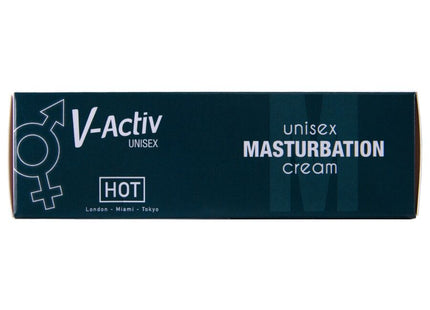Dunkelteal rechteckige v-activ unisex masturbationscreme mit cbd 100ml, weiße schrift und geschlechtssymbole