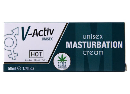 V-activ unisex masturbationcreme mit cbd in weiß-dunkelgrünem packaging mit geschlechtssymbolen und stadtnamen