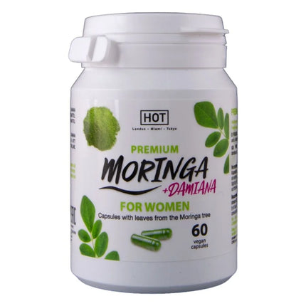 Weiße plastikflasche mit bio moringa und damiana kapseln für frauen, grüne blattgrafik, weißer klappverschluss