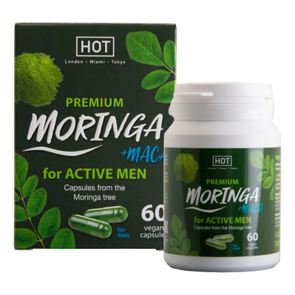Weiße plastikflasche mit grün weißem etikett hot premium moringa plus maca für aktive männer neben dunkelgrüner tribulus terrestris box