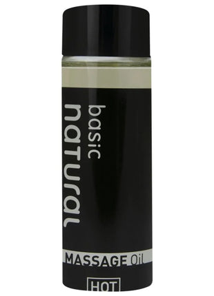 Schwarze flasche mit basic natürlichem massageöl basis 100 ml und klarem inhalt für natürliche entspannung