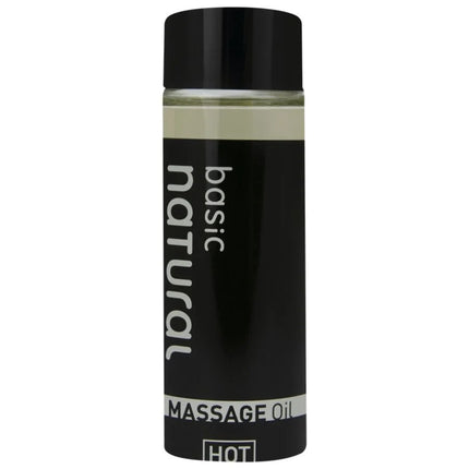 Schwarze flasche mit basic natürlichem massageöl basis 100 ml und klarem inhalt für natürliche entspannung