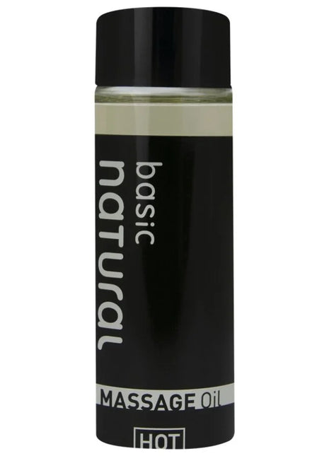 Schwarze flasche mit basic natürlichem massageöl basis 100 ml und klarem inhalt für natürliche entspannung