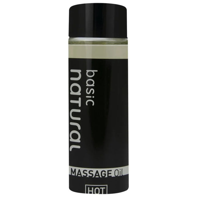 Schwarze flasche mit basic natürlichem massageöl basis 100 ml und klarem inhalt für natürliche entspannung