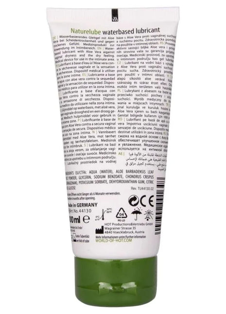 Ein durchsichtiges grünes tuben mit natureleube wasserbasiertem gleitgel mit aloe vera und weißem etikett
