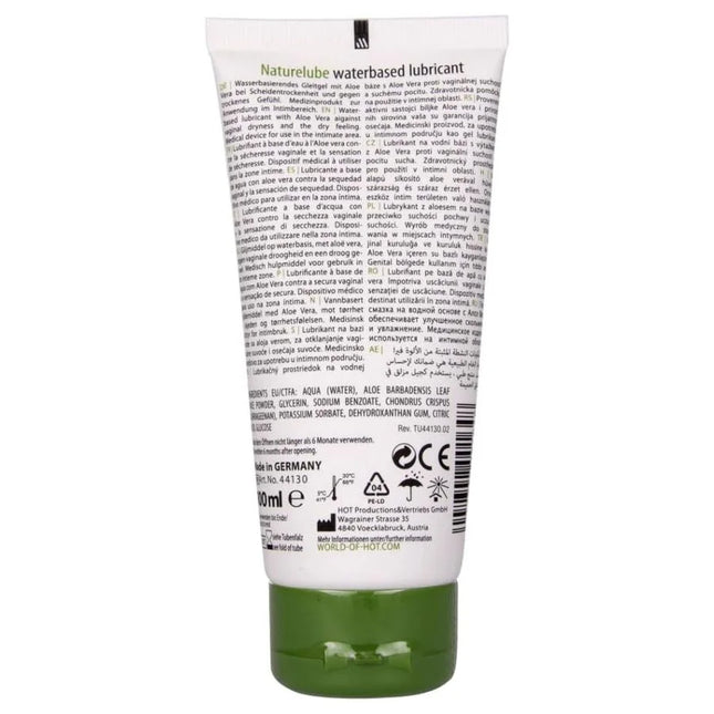 Ein durchsichtiges grünes tuben mit natureleube wasserbasiertem gleitgel mit aloe vera und weißem etikett