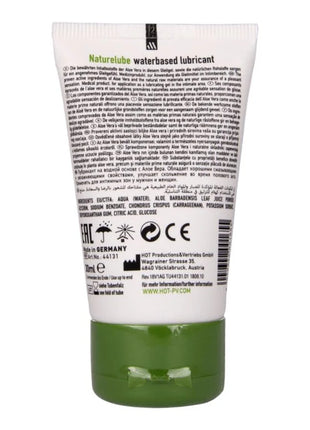 Weiße tube natürliche aloe vera wasserbasierte gleitgel hot nature mit grünem blattdesign und mehrsprachiger beschriftung