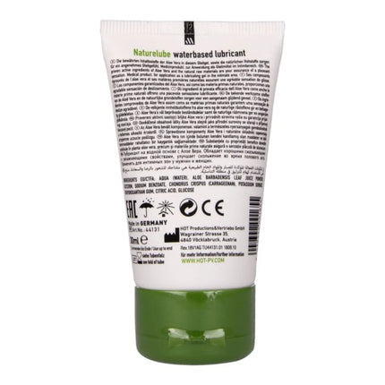 Weiße tube natürliche aloe vera wasserbasierte gleitgel hot nature mit grünem blattdesign und mehrsprachiger beschriftung