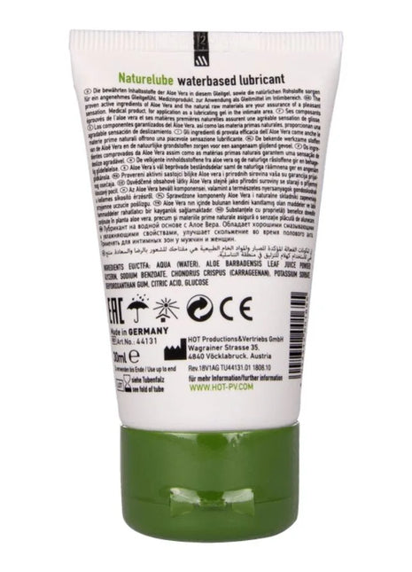 Weiße tube natürliche aloe vera wasserbasierte gleitgel hot nature mit grünem blattdesign und mehrsprachiger beschriftung