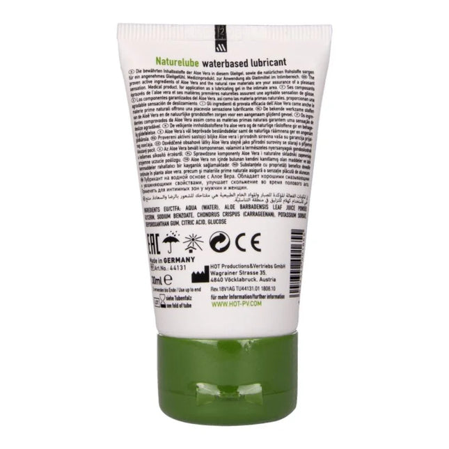 Weiße tube natürliche aloe vera wasserbasierte gleitgel hot nature mit grünem blattdesign und mehrsprachiger beschriftung