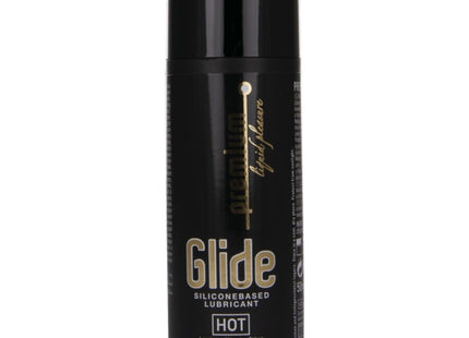 Schwarze zylindrische flasche von glide hot silikonbasiertem gleitmittel 50 ml rückseite des produkts