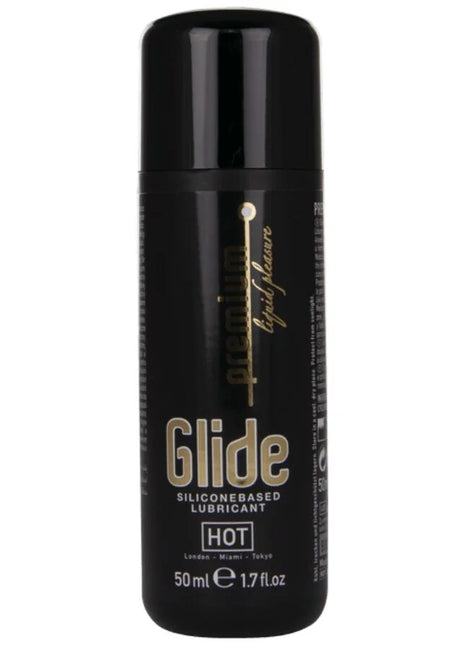 Schwarze zylindrische flasche von glide hot silikonbasiertem gleitmittel 50 ml rückseite des produkts