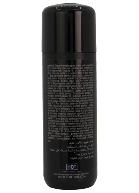 Schwarze zylindrische flasche mit glattem finish und weißer beschriftung des hot premium silikon gliermittels 50 ml