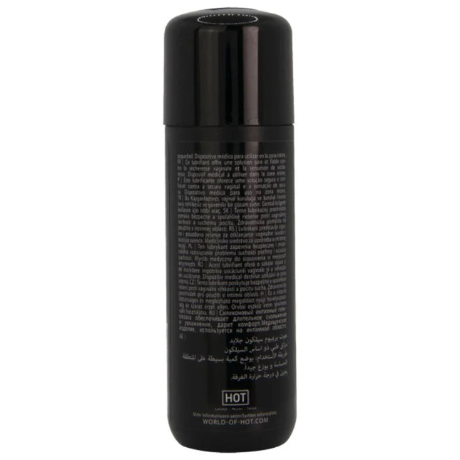Schwarze zylindrische flasche mit glattem finish und weißer beschriftung des hot premium silikon gliermittels 50 ml
