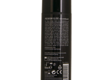 Schwarze zylindrische flasche mit premium glide silikonbasiertem gleitgel hot 100 ml rückseite sichtbar