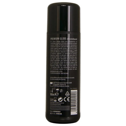 Schwarze zylindrische flasche mit premium glide silikonbasiertem gleitgel hot 100 ml rückseite sichtbar