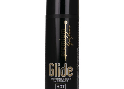 Schwarze zylindrische flasche mit glide hot premium silikonbasiertem gleitmittel 100 ml sichtbar von vorne