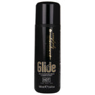 Schwarze zylindrische flasche mit glide hot premium silikonbasiertem gleitmittel 100 ml sichtbar von vorne