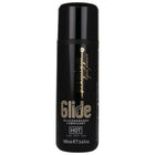 Schwarze zylindrische flasche mit glide hot premium silikonbasiertem gleitmittel 100 ml sichtbar von vorne