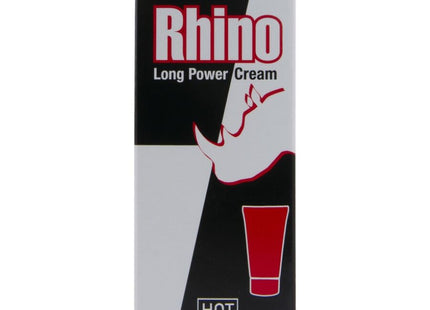 Schwarze und weiße rechteckige box mit rotem text rhino long power cream und stilisierter nashorn-silhouette