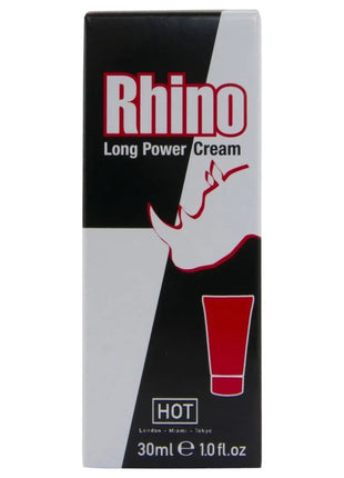 Schwarze und weiße rechteckige box mit rotem text rhino long power cream und stilisierter nashorn-silhouette