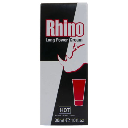 Schwarze und weiße rechteckige box mit rotem text rhino long power cream und stilisierter nashorn-silhouette