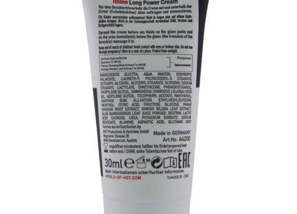Silberner und schwarzer 30 ml rhino long power cream tube mit deutschen herstellungsangaben auf der rückseite