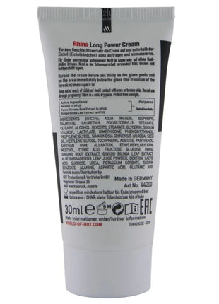 Silberner und schwarzer 30 ml rhino long power cream tube mit deutschen herstellungsangaben auf der rückseite