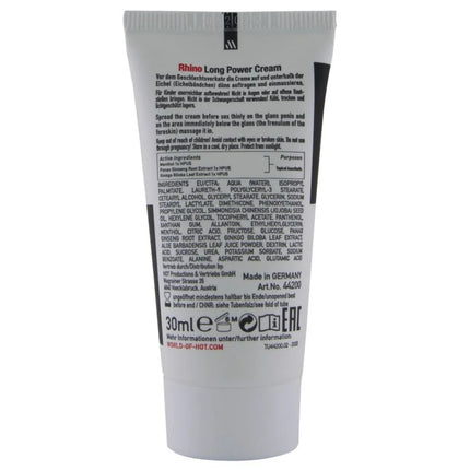 Silberner und schwarzer 30 ml rhino long power cream tube mit deutschen herstellungsangaben auf der rückseite