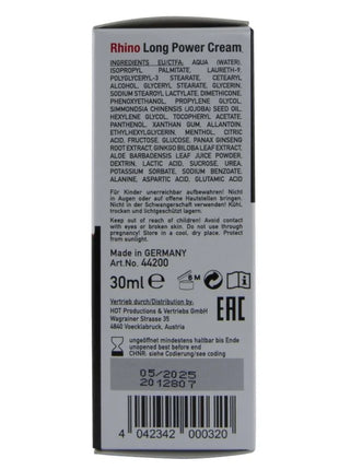 Silberne rechteckige box mit hot rhino long power cream 30 ml zur leistungssteigerung