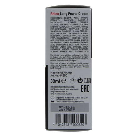 Silberne rechteckige box mit hot rhino long power cream 30 ml zur leistungssteigerung