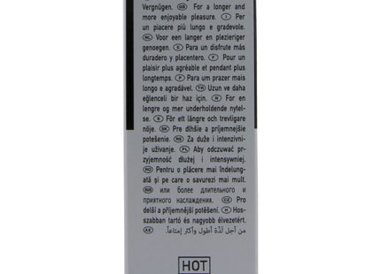 Silberne rechteckige box mit schwarzem rand und weißem text mit hot logo für hot rhino long power cream 30 ml