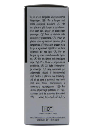 Silberne rechteckige box mit schwarzem rand und weißem text mit hot logo für hot rhino long power cream 30 ml