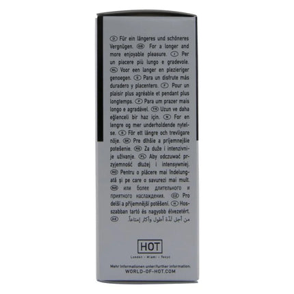 Silberne rechteckige box mit schwarzem rand und weißem text mit hot logo für hot rhino long power cream 30 ml