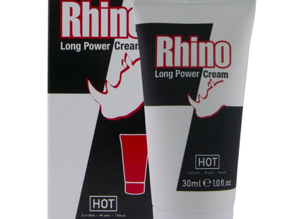 Weiße tube mit schwarzer und roter markierung rhino long power cream 30 ml hot wirkstoffgel