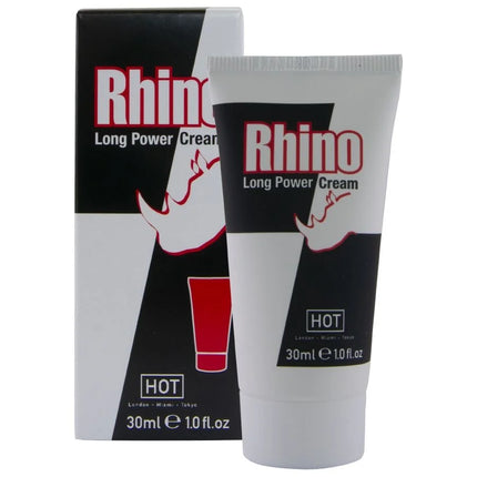 Weiße tube mit schwarzer und roter markierung rhino long power cream 30 ml hot wirkstoffgel