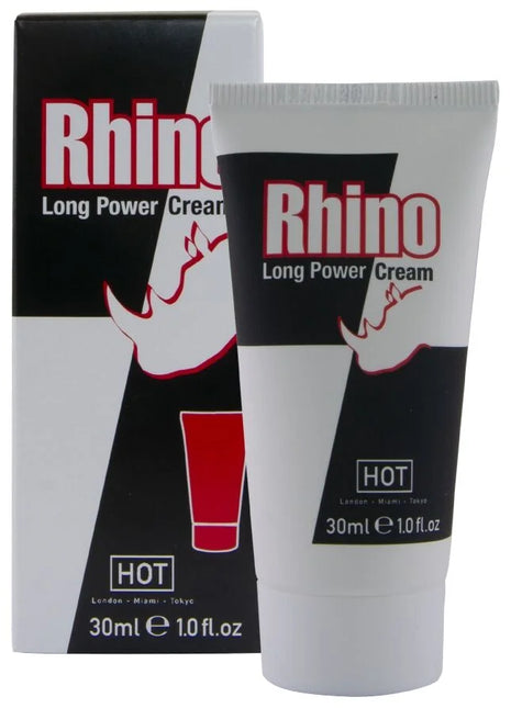 Weiße tube mit schwarzer und roter markierung rhino long power cream 30 ml hot wirkstoffgel